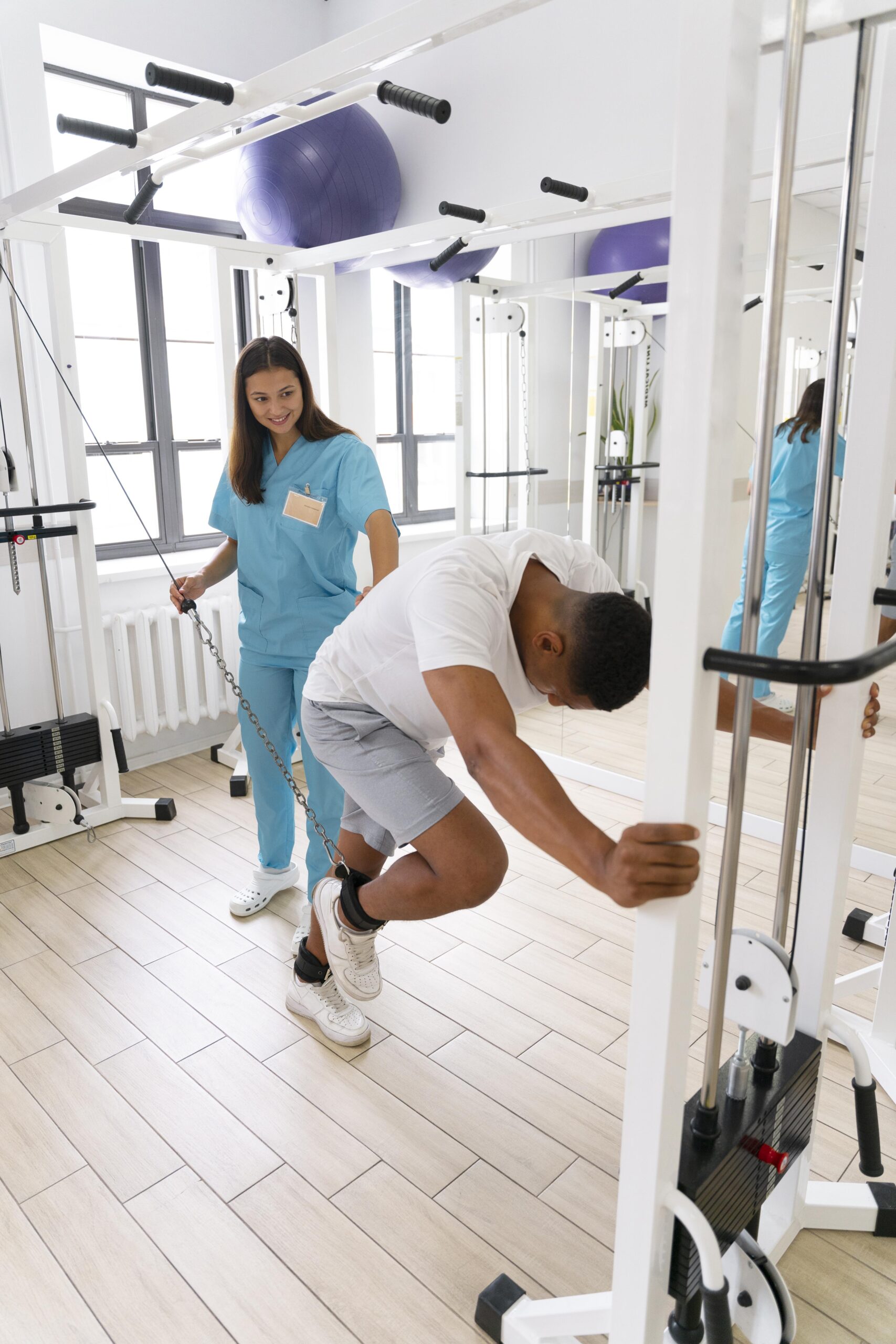 Patient performing guided rehabilitation exercise with therapist